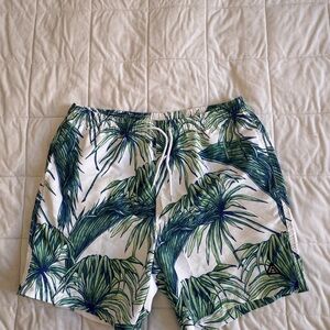 American Stitch White Swim Shorts with Green Palm Print